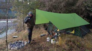 Camping In Winter Rain Storm With Tent And Tarp