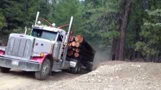 Two log trucks coming over a hill