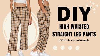 DIY High waisted straight leg pants (With elastic waistband and side pockets) | Sewing tutorial