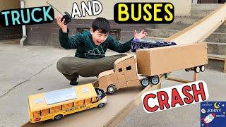 DIY Cardboard Semitruck Crashes With Buses On Giant Cardboard Tracks