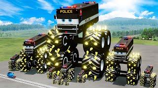 Big & Small Spider Police Bus Spiked Thorns Monster Truck McQueen vs Thomas Train BeamNG.Drive