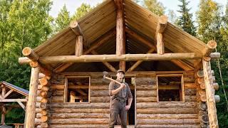 Living the Rustic Life in a Log Cabin Alone in the Wilderness - Hand-Built ROOF