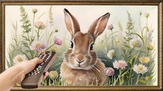 Gold Framed Easter TV Art Screensaver. 4K Frame TV Hack. Cute Spring Bunny and Wildflower Painting.