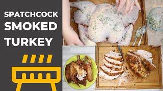 Smoke a spatchcocked turkey on a wood pellet Traeger smoker
