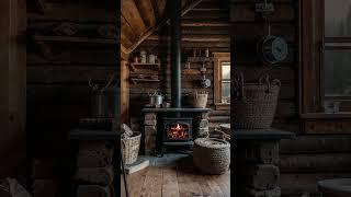 Cozy cabin with flowing wood design, snowy views, and a warm, inviting fireplace.