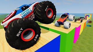 Big Monster Jam & Small Monster Trucks, Cars vs Spinner Wheels Obstacle Course with Giant Portal