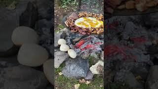 Breakfast is served, who’s in? - perfect breakfast setup in the wilderness - outdoor cooking 