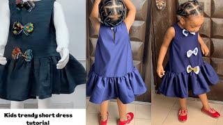 How To Make Kids Trendy Short Dress With Bows |A Line Gathered Dress With Bows| How To Attach Bow