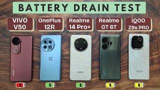 VIVO V50 vs OnePlus 12R vs Realme 14 Pro Plus vs Realme GT 6T vs iQOO Z9s Pro | Battery Drain Test