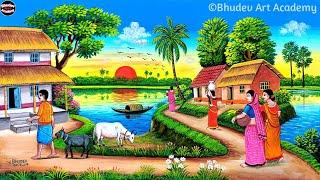 Beautiful Village Landscape Scenery Painting| Indian Village Scenery Painting With EarthWatercolor