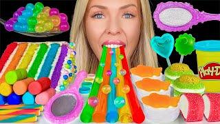 ASMR RAINBOW FOODS MUKBANG, EDIBLE PLAYDOH, LAYERED CAKE, LYCHEE BOBA TEA CITRIC ACID SUSHI CANDY 먹방