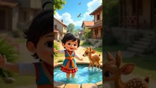 Baby Girl and Baby Deer Enjoying Water Fun