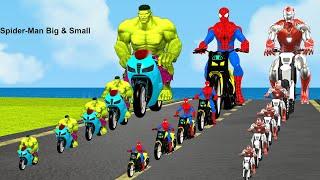 Siêu nhân nhệnSpider-Man Big & Small Motorcycle Obstacle Challenge vs Red Iron Man vs Hulk green