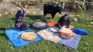 Nomadic lifestyle: grandmother baking traditional bread and Bakhtiari girl riding a donkey