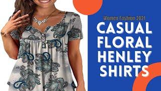 Women Fashion 2021 - Casual Floral Henley Shirts