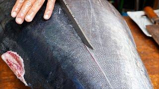 Japanese Street Food - GIANT BLUEFIN TUNA CUTTING Sashimi Tokyo Seafood Japan