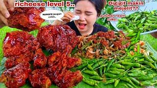 EATING, SPICY CHICKEN, RICHEESE LEVEL 5, EXTRA, WHOLE CHILI, VEGETABLE PECEL, MUKBANG