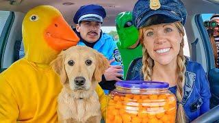 Police, Puppy, and Alien Surprise Rubber Ducky and Police With Car Ride Chase!