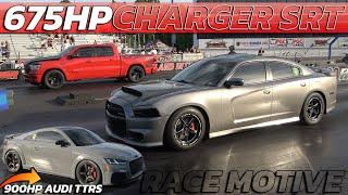 675 Charger SRT vs AUDI TTRS 900hp & DODGE RAM & EVOLUTION Drag race @ Race Motive