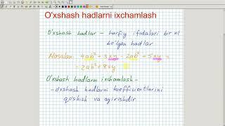 O'xshash hadlarni ixchamlash. Algebra 7-sinf. 16-dars