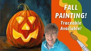 EASY FALL Jack-O-Lantern Painting! TRACEABLE AVAILABLE! Dramatic acrylic colors. By: Annie Troe