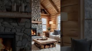 Cozy log cabin living room with stone fireplace and snowy forest views