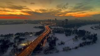 Winter sunset over the road. Moscow. timelapse