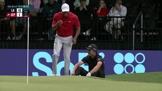 Tiger Woods can't contain his laughter as Kevin Kisner skulls it out of the bunker 