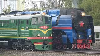 a train parade at the railway exhibition Expo 1520 on railway test circuit in Shcherbinka in Aug2021