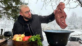 Spicy Shepherd’s BEEF stew recipe in a cold winter day full of snow.