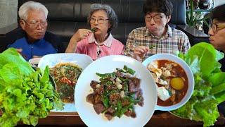A hearty country meal! Pork and chili stir-fry mukbang (spicy tuna tofu stew, perilla leaf..) recipe