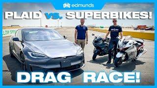 Drag Race! Tesla Model S Plaid vs. Suzuki Hayabusa vs. Kawasaki ZX-14R | 0-60, Performance & More