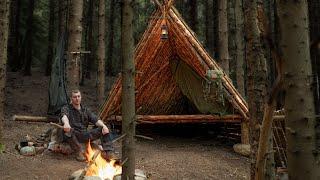 How to Alone Build BEST Bushcraft A-Frame SHELTER Ever - Amazing Forest House - ASMR