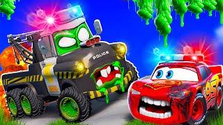 Big & Small:McQueen POLICE car VS Tow Mater POLICE ZOMBIE slime Zombie Apocalypse in BeamNG.drive