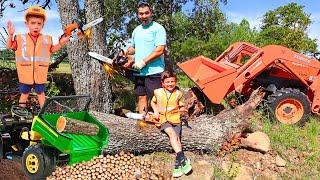 Helping trim tree with toy chainsaw, kids tractor, real tractor, and kids ride on truck | Super Krew