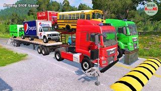 Double Flatbed Trailer Truck vs speed bumps|Busses vs speed bumps|Beamng Drive|1157