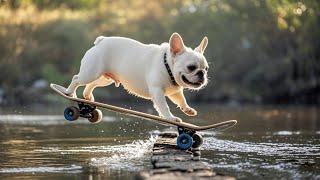 The Little French Bulldog Skates On The Water Bridge, It's So Cool!