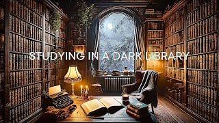 Dark Academia Library Ambience | Fireplace with Dark Piano & Moonlight Winter Night