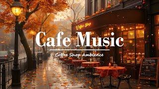 Cozy November Autumn Coffee Shop with Warm lightsElegant Piano Jazz Music & Golden Leaves