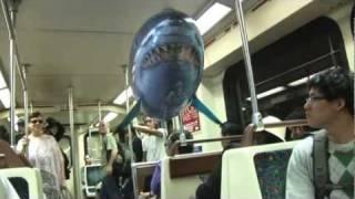 Great white flying shark takes the subway!