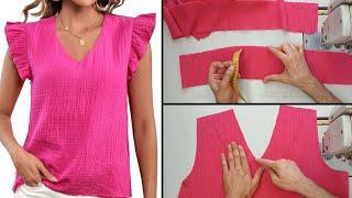 Learn (professional) sewing.  V-neck blouse with stitching ruffled sleeves