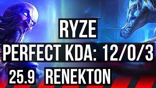 RYZE vs RENEKTON (TOP) | 12/0/3, 7 solo kills, Legendary | EUW Diamond | 25.9