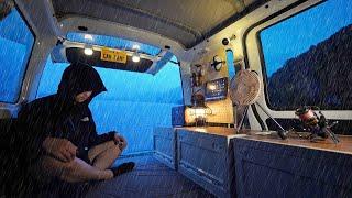 SOLO CAR CAMPING in RAIN [lakeside, cozy small van, fishing]