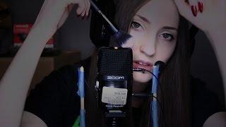 ASMR soft whispering, mic/hand brushing and ear blowing
