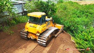 Perfectly Bulldozer Move Sand Delete Grass In Water Dump Trucks Unloading Sand Fill Lowlands Project