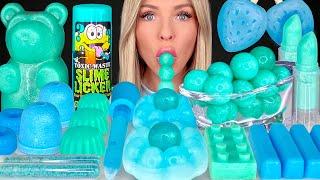 ASMR MUKBANG, Teal Blue Dessert, Edible Slime, Blue Raspberry Drink, Gummy Bear, Strawberry Wax 먹방