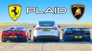 Tesla Model X PLAID v Ferrari SF90 v Lambo SVJ: DRAG RACE