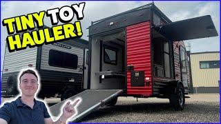 SUV Towable Tiny Toy Hauler is CRAZY Unique! NEW 2025 Sunset Park 139T Travel Trailer RV Review!