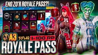  A3 ROYALE PASS TO'LIQ - 1-RPdan 100-RPgacha /  4 TA MIFIK /  ENG ZO'R EMOTSIYALAR - PUBG MOBILE