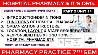 hospital pharmacy and its organization (complete) || Part 2 Unit 1 || Pharmacy Practice 7th Semester